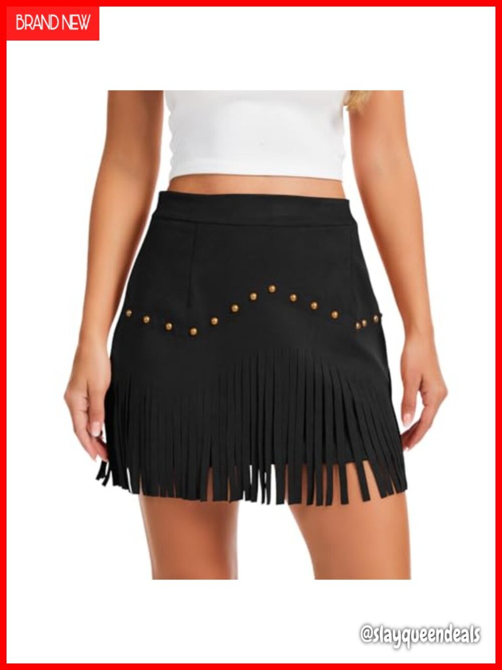 High Waisted Fringe Mini Skirt Rivet Detail Polyester Spandex Cowgirl Western